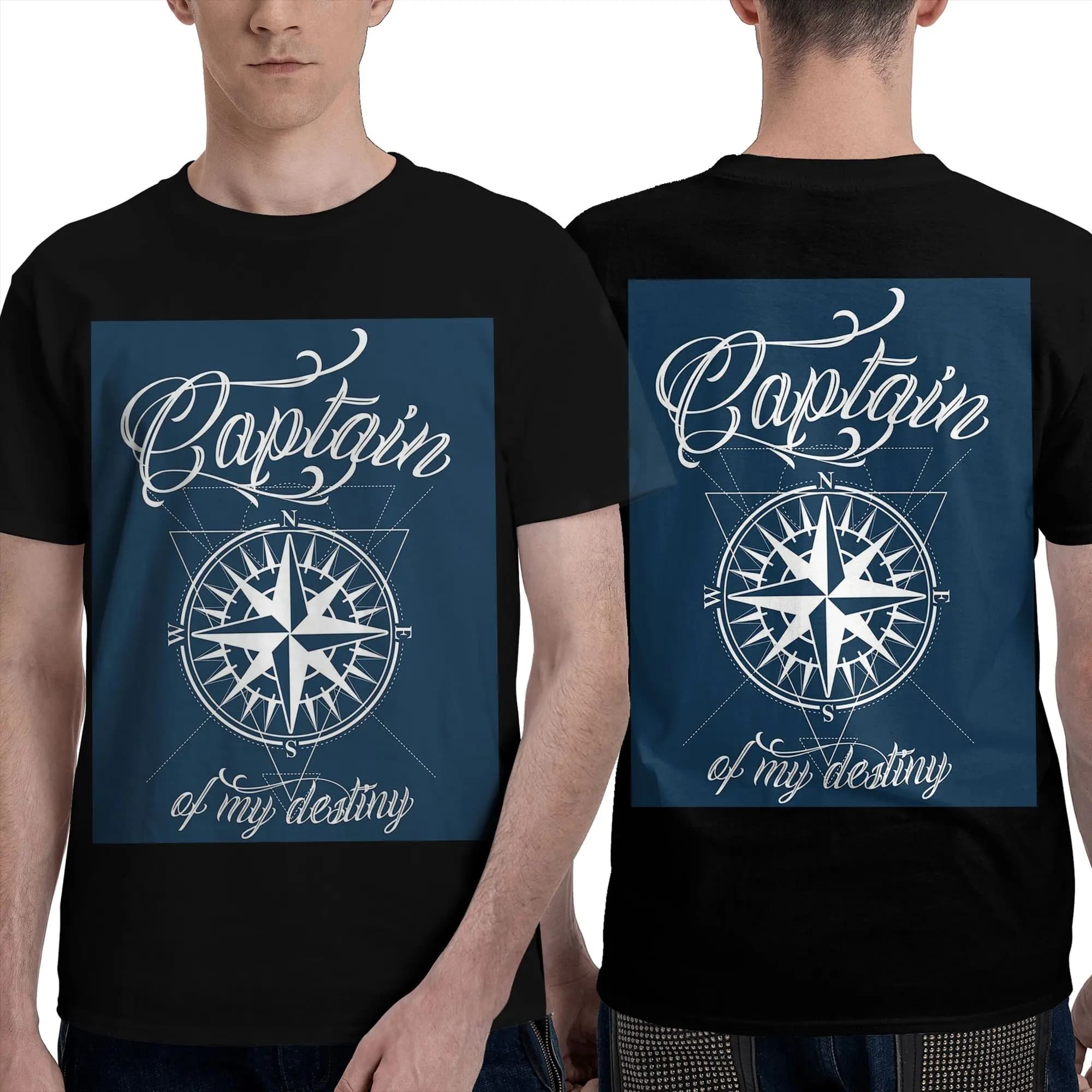 T-shirt da uomo con bussola nautica, ancora e barca, stampa fronte-retro, oversize, girocollo, in cotone, maniche corte, estiva