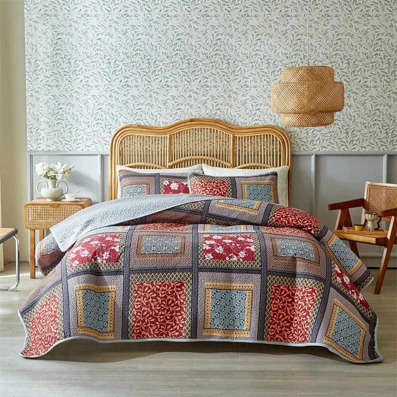 3pcs Set Ultrasonic Wash Cotton Printed Pastoral Quilted Bedspread Soft Breathable Bedsheet with 2 pcs pillowcase