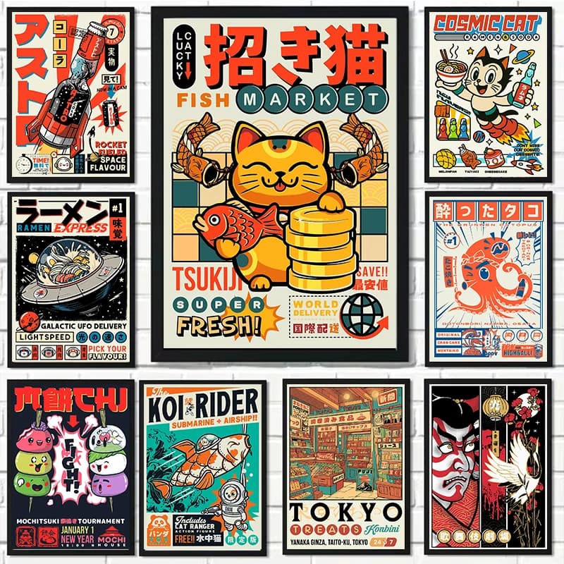 Vintage Illustrator Japan Ramen Art Poster Robot Animal Ramen Painting Wall Art Decoration Kawaii Room Decor Canvas Poster