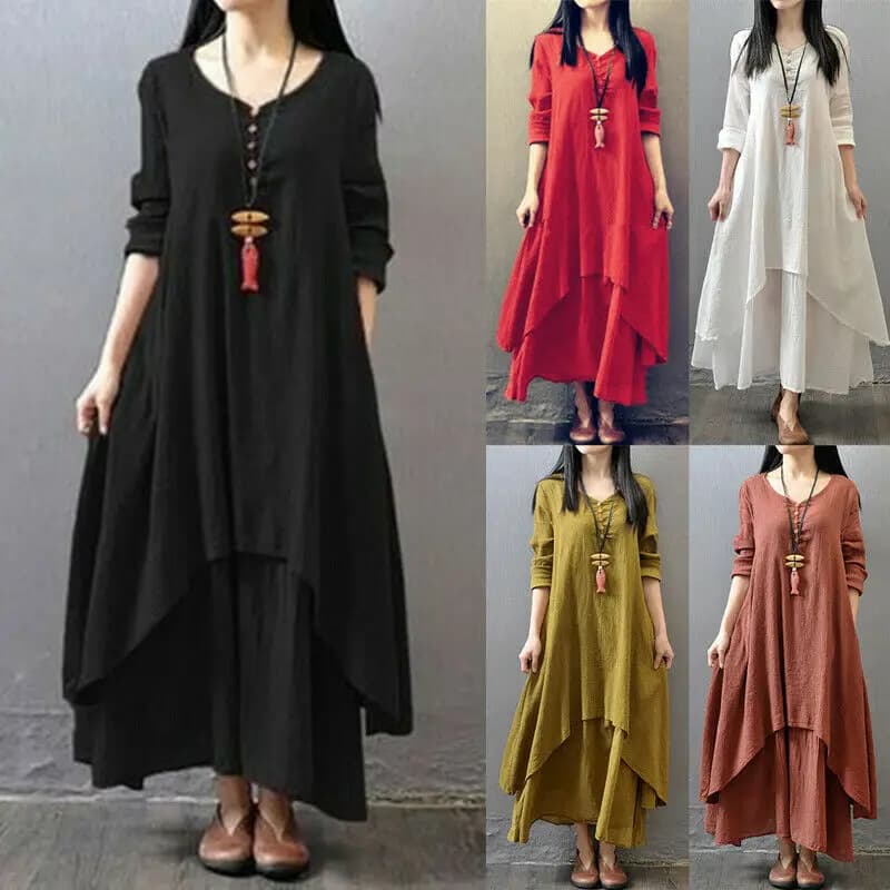 Abito lungo gitano allentato caftano vintage Boho da donna estivo Abito lungo svasato grande irregolare letterario in due pezzi falso