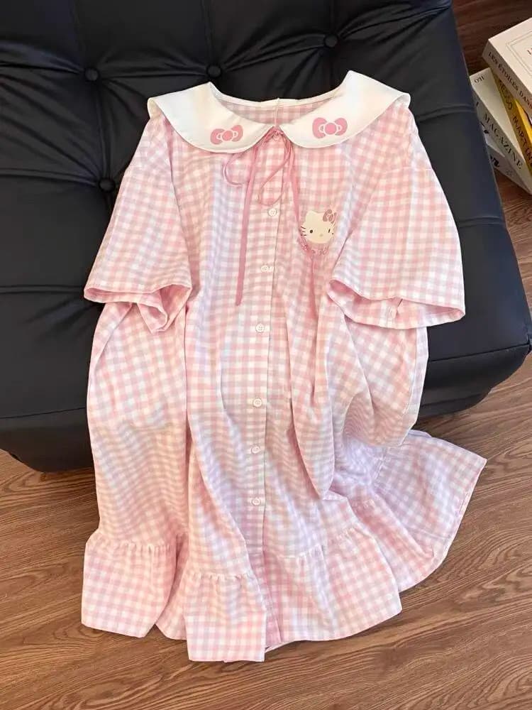 Sanrio Hello Kitty2026new cute nightgown for women summer sweet ruffled plaid short-sleeved dress pajamas Korean home clothes