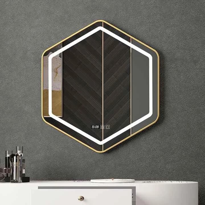 Specchi Intelligenti da Bagno con Schermo Touch, Illuminazione LED e Cornice Esagonale in Acciaio Inox, Design Moderno e Lussuoso