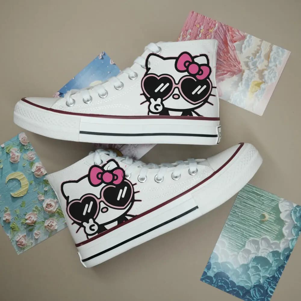Scarpe in tela Kawaii Hello Kitty per ragazze, sneakers casual da studentessa Sanrio Anime, scarpe sportive alte con stampa di cartoni animati.
