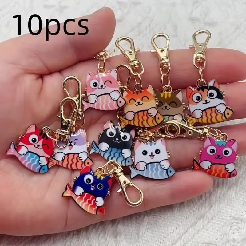 10pcs alloy printed cat keychain, suitable for bag, wallet hanging accessories, the best choice for gifts