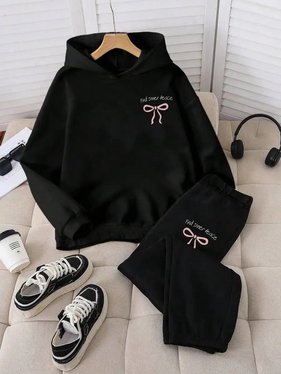 Black Hoodie And Sweatpants Set With Pink Bow Graphic Print Casual Comfortable Autumn Winter Outfit