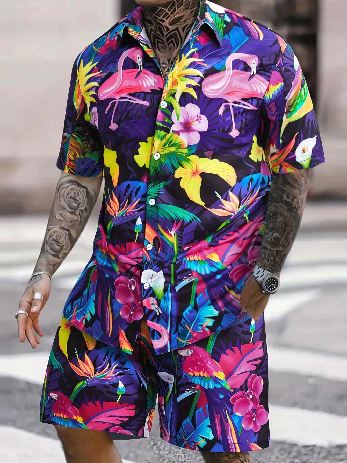 Trendy Men's Vacation Versatile Beach Set Adult Colorful Parrot Full Print Collar Shirt Same Series 3D Printed Breathable Shorts