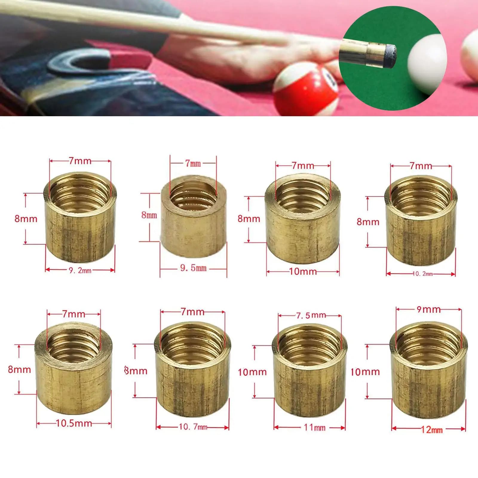 Pool Cue Brass Ferrule Threaded Replacement Head Repair Kit Durable Billiard Stick Accessories for Cue Tip Maintenance