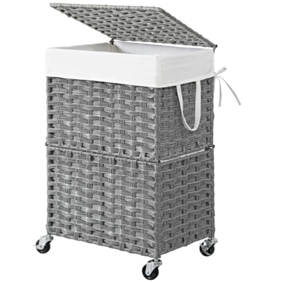 Cesto portabiancheria sottile da 90L con ruote, cesto portabiancheria con coperchio e sacchetto interno rimovibile, organizer in rattan intrecciato a mano per la camera da letto