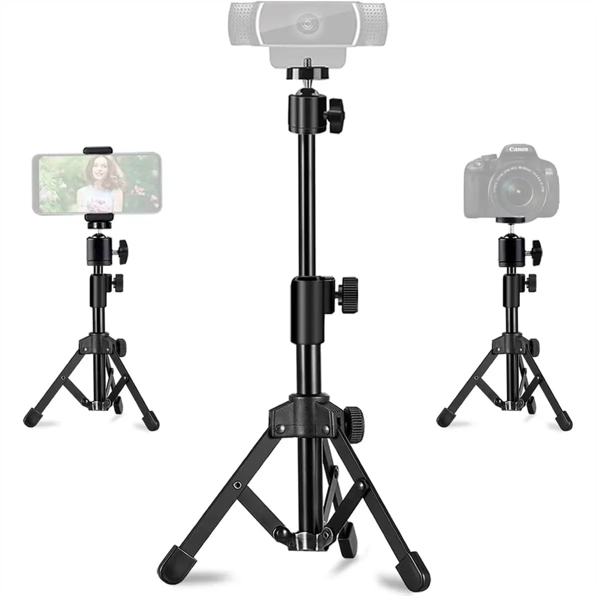Supporto Treppiede da Scrivania Estensibile per Webcam e Fotocamera con Supporto per Telefono e Piattaforma Girevole