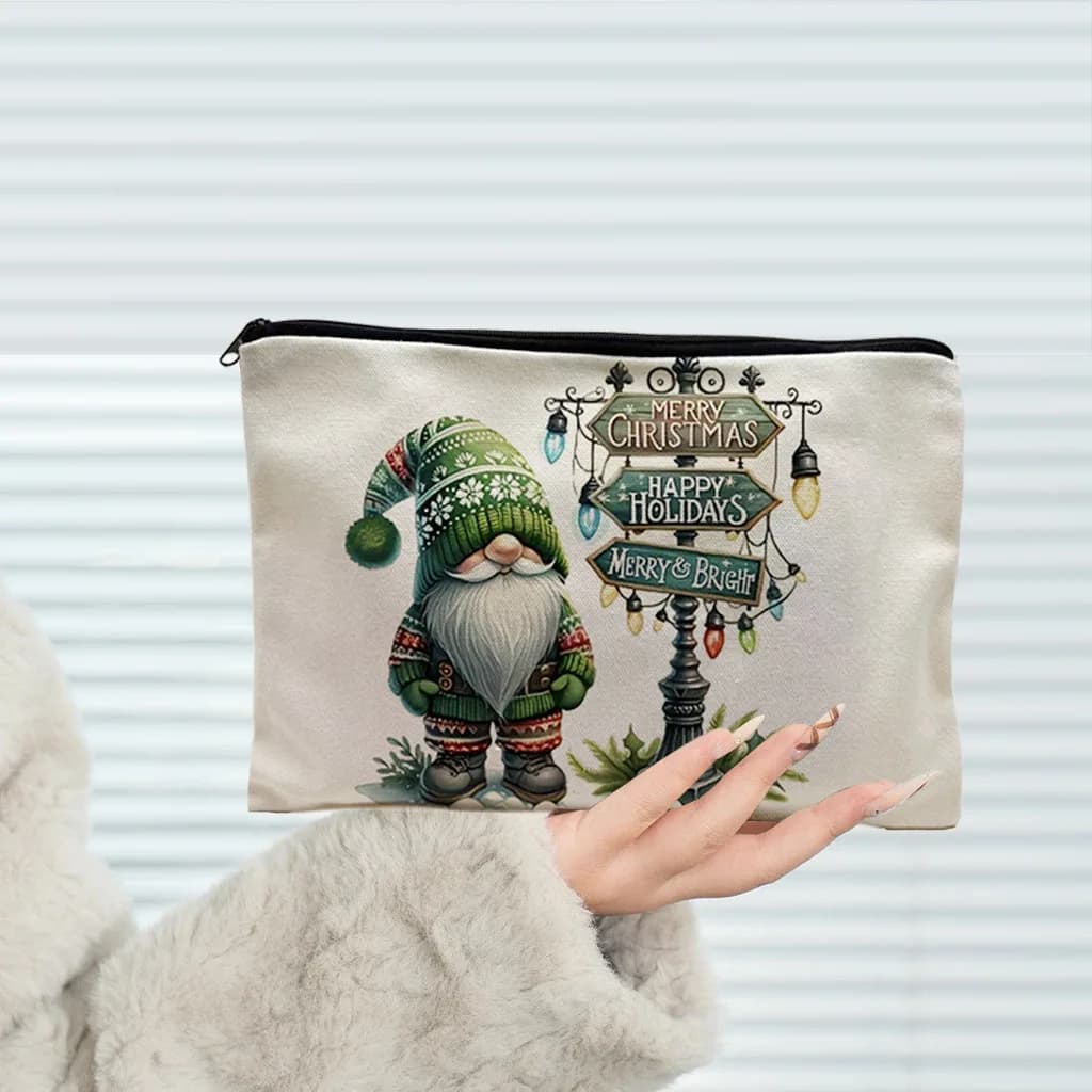 Christmas Gnome Cosmetic Bag Xmas Dwarf Sign Light Print Zipper Makeup Pouch Women Holiday Travel Toiletry Storage Bag