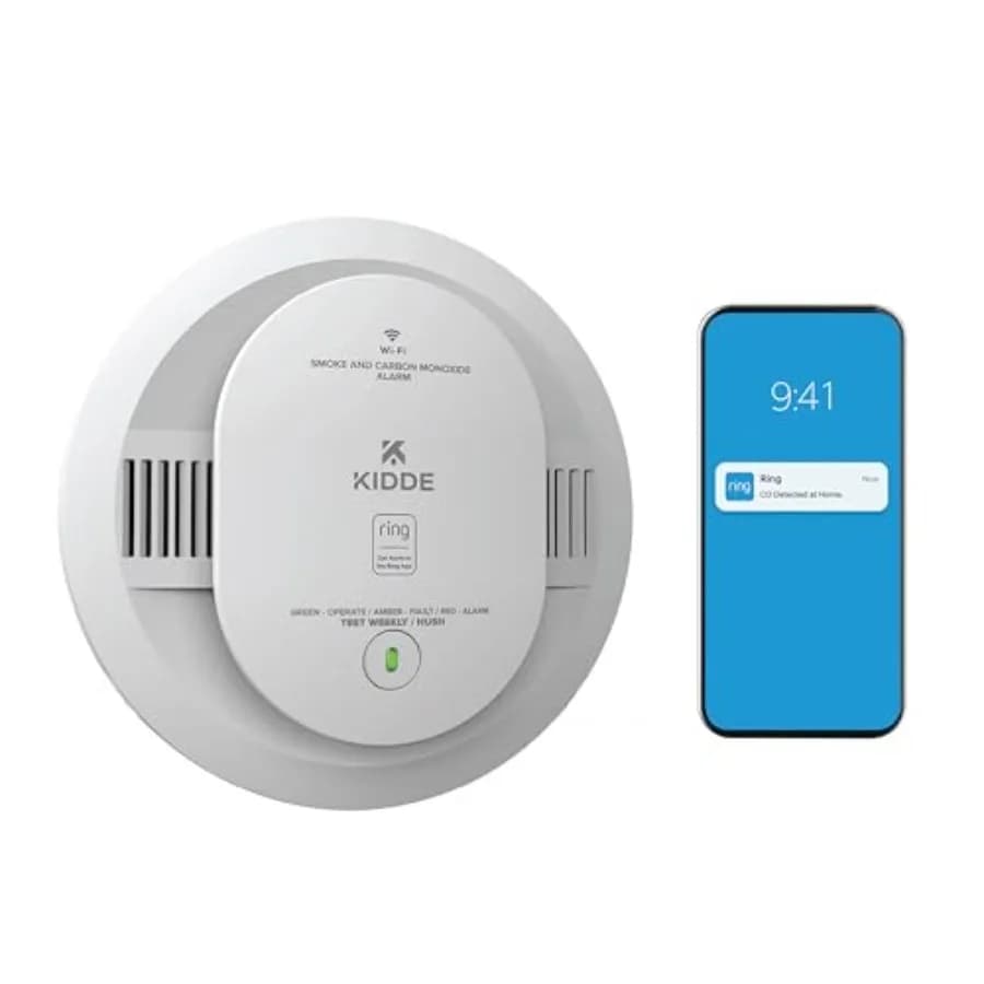 Smart smoke and carbon monoxide detector for home safety, ABS plastic, white, real-time notifications via Ring App and wire-fre