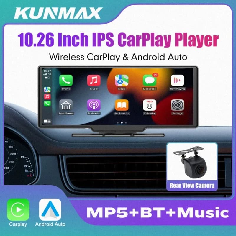 10.26" Wireless CarPlay Monitor IPS Screen Android Auto Touch Screen WIFI FM BT 5.0 Rearview Dash Cam Multimedia Player AUX