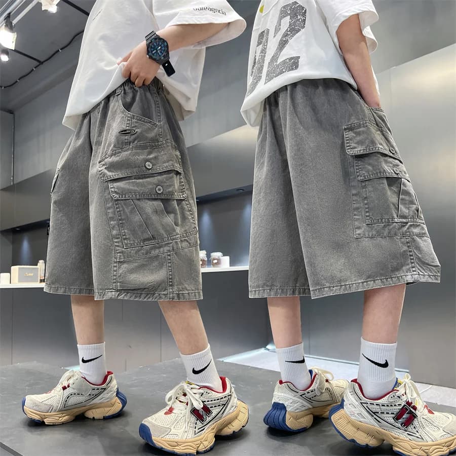 Korean Boys y2k Baggy Denim-Like Shorts With Pocket Grey Capri Jeans Kids Child Hip Hop Harajuku Casual Denim Cargo Shorts 5-14Y