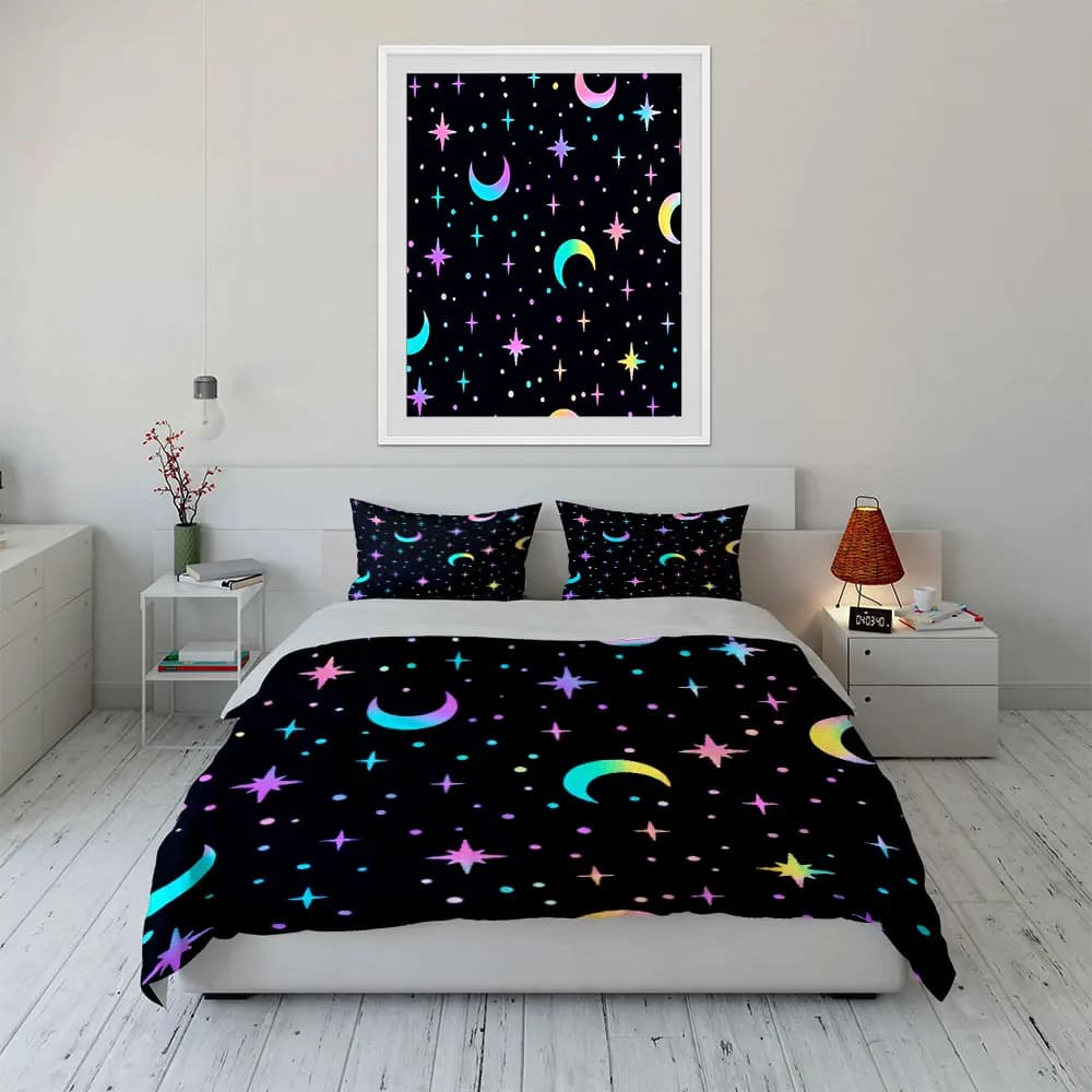 Set di biancheria da letto colorato con luna e stelle, con 1 copripiumino e 2 federe, singolo, matrimoniale, king, queen, regalo