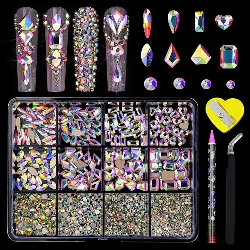 12Grid Multi-Shaps Strass AB Fondo piatto Gemme di diamanti colorati per la decorazione di nail art con pinzetta Trapano Penna Strumento per manicure
