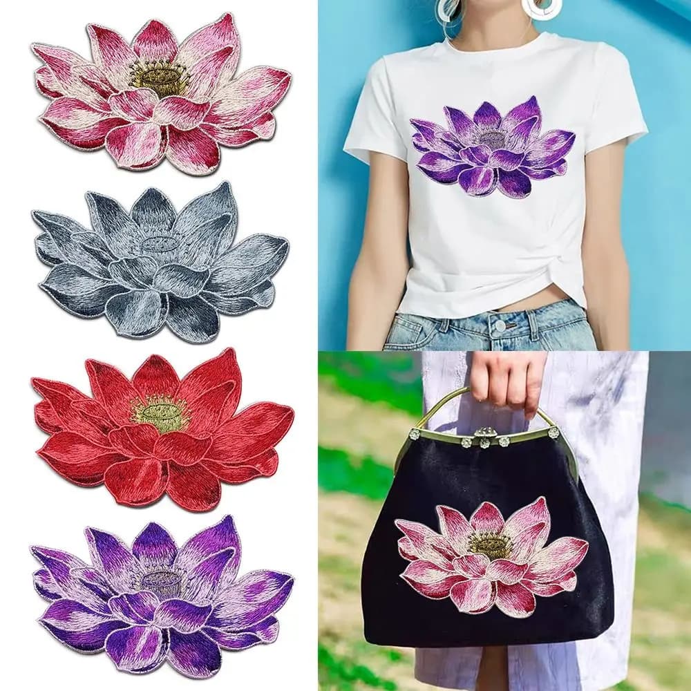Morbida toppa fiore di loto ricamata borsa fai da te Appliques cucire su toppe per vestiti accessorio abito da sposa Cheongsam