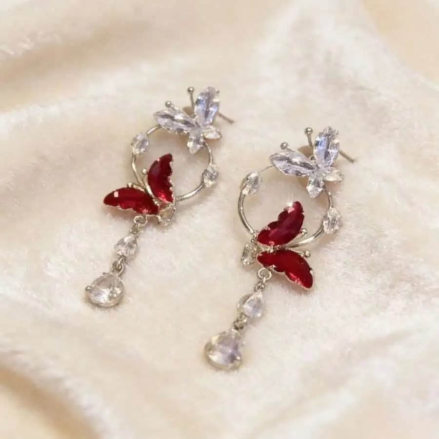 Blood Red Butterfly Drop Earrings With Crystal Tassels Fashion Jewelry For Women