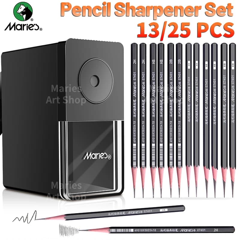 25/13 pcs Marie's Manual Pencil Sharpener Set with 12/24 pcs Pencil, 5 Adiustable Long Pencil Nibs, Suitable for Back to School