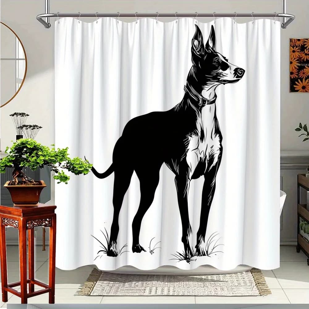 Tenda da doccia con silhouette di cane, 1 pezzo - Decorazione artistica per il bagno in bianco e nero, tessuto in poliestere con 12 ganci, 70,8x70,8 pollici