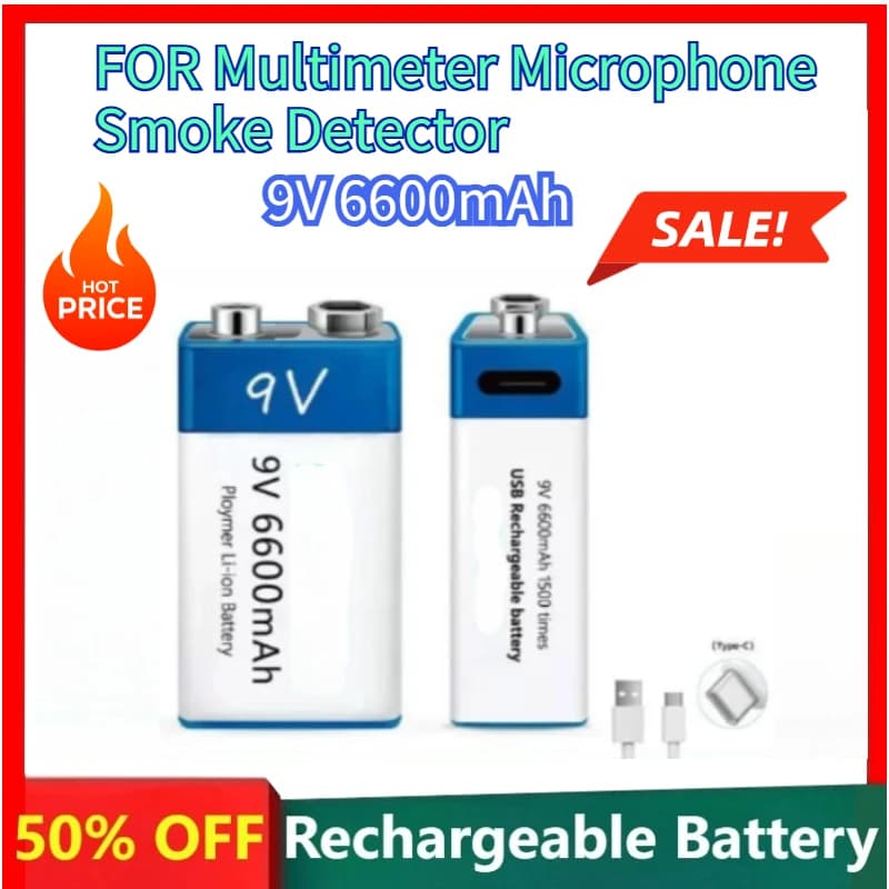 9V 6600mAh Lithium Ion Rechargeable Battery Fast Charging Type-C USB Chargeable Battery FOR Multimeter Microphone Smoke Detector