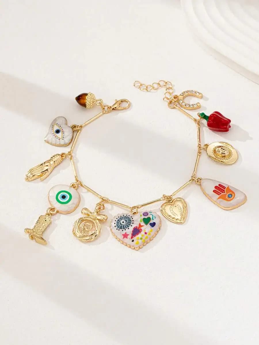 Bracciale Charm con Ciondoli Occhio di Allah, Cuore, Hamsa, Peperoncino Rosso, Ghianda - Gioielli Donna Stile Bohemien
