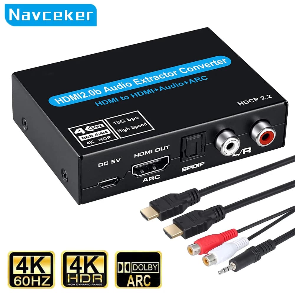 Navceker Estrattore audio HDMI Convertitore adattatore splitter ottico 4K HDMI ARC Stereo da 3,5 mm + uscita audio L/R Supporta 5.1 3D 1080P
