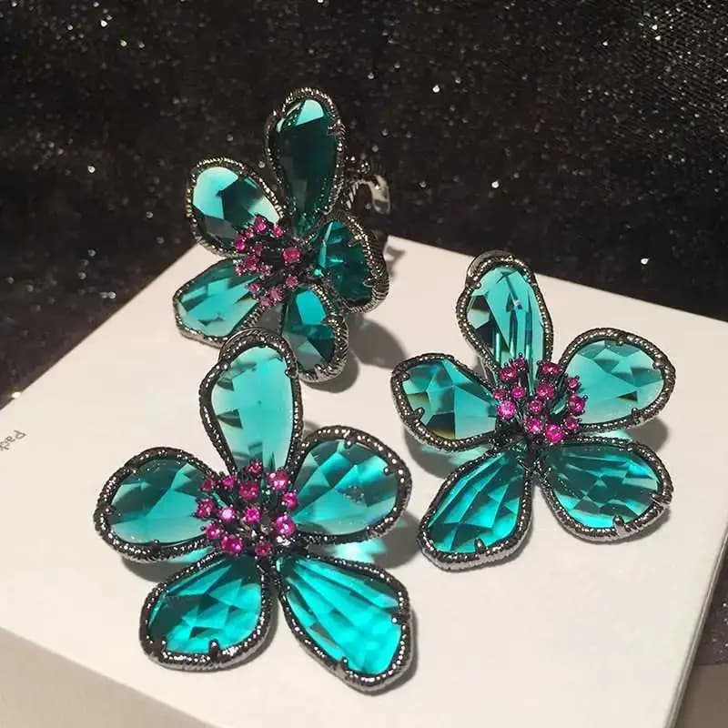 Luxury Green Crystal Flower Earring Open Ring Jewelry Set for Button Earring Wedding Party with Women Charm Zirconia