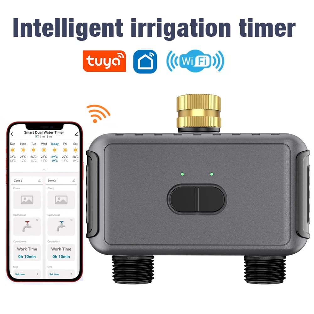 Timer Irrigazione Automatico WiFi con Doppio Tubo, Sistema di Irrigazione da Giardino con Telecomando, Programmatore per Irrigazione di Giardini, Cortili e Prati