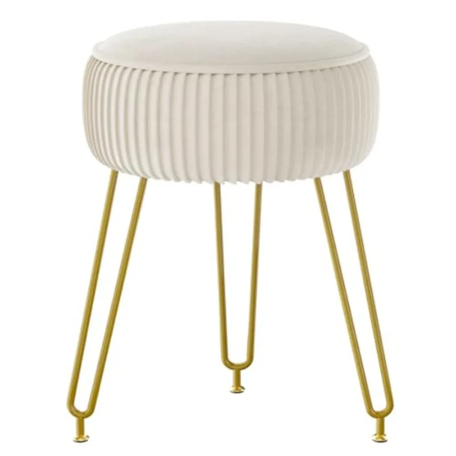 Sgabello Poggiapiedi Rotondo in Velluto, Pouf per Trucco, Tavolino Laterale, Seduta per Toeletta, Sgabello Divano con Gambe in Acciaio Dorato