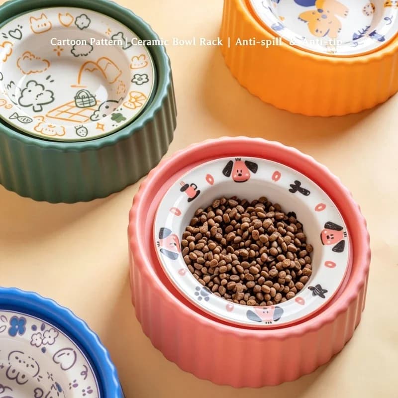 Elevated Ceramic Pet Bowl Anti-Spill Tilted Cat Dog Food Bowl Cartoon Pattern Raised Feeder Neck Protection Stand