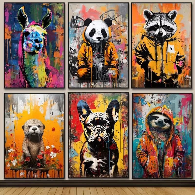 Banksy Pop Street Graffiti Wall Art Animal Canvas Poster e stampe Panda Dog Raccoon Painting per la decorazione del soggiorno