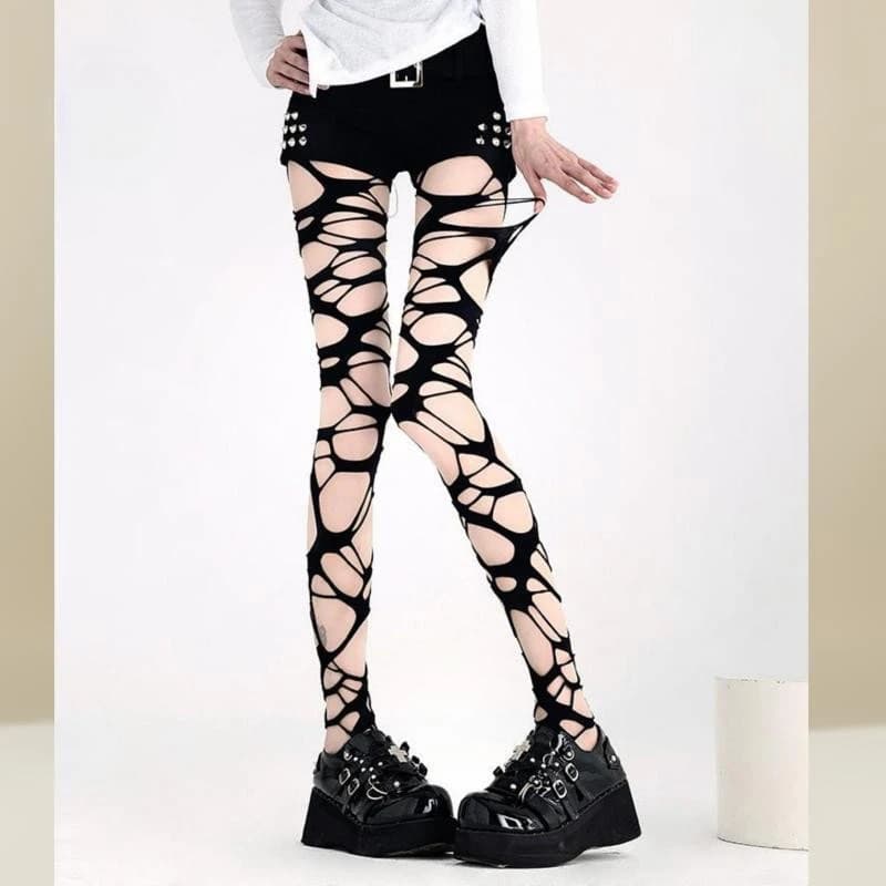 Collant a rete neri strappati sexy da donna, stile gotico punk, a rete traforata, leggings a rete, stile Emo Egirl Streetwear