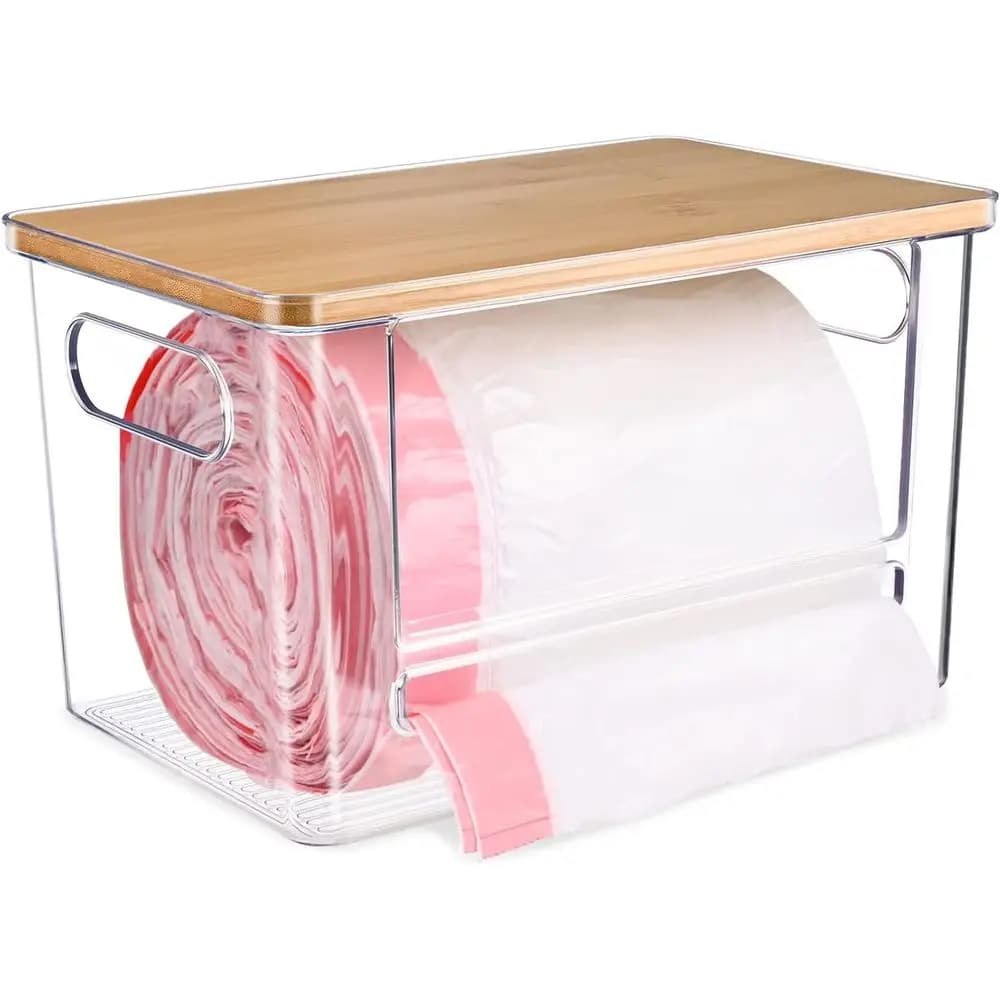 Trash Bag Dispenser, Bamboo Top Holder, Extra Large Garbage Bags Organizer Under Sink or Kitchen, Pantry, Laundry Room