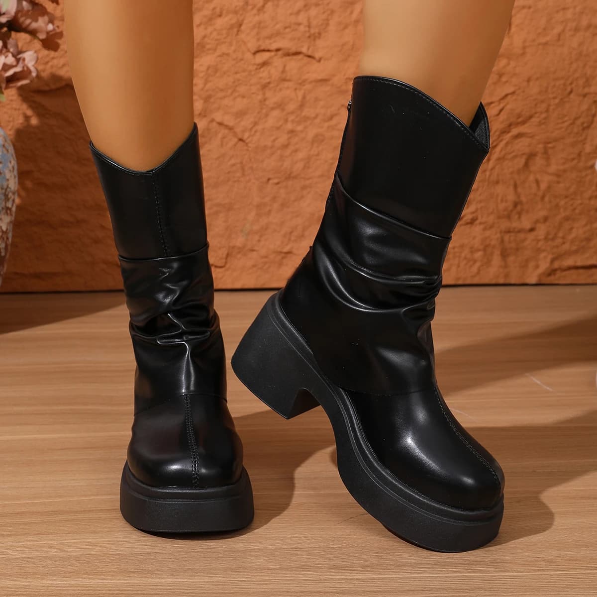 Stivaletti da Donna con Tacco Alto in Stile Coreano, Design Plissettato, Primavera e Autunno, Tinta Unita, Suola Spessa in Pelle PU