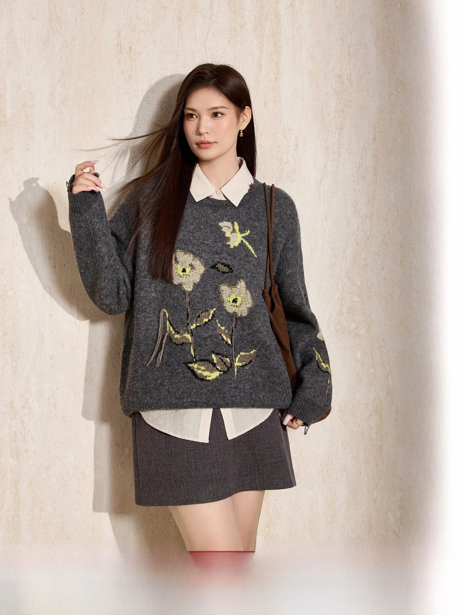 Van Gogh Collaborativo Lingua Blu Rosa Selvaggia Gancio Ago Fiore Maglieria Primavera Pigro Sciolto sopra la testa Maglione Abbigliamento Interno