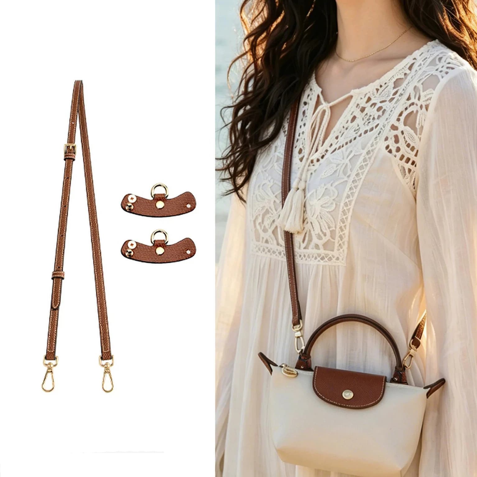 Cowhide Leather Replacement Crossbody Bag Strap Fit for Longchamp Mini Shoulder Strap Without Punching Modification