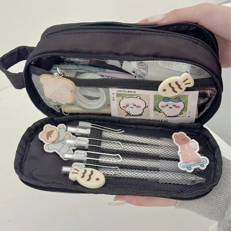 Large-Capacity Layered Grid Student Essential Stationery Bag, Partitioned Pencil Case, niche New Model with High Aesthetic