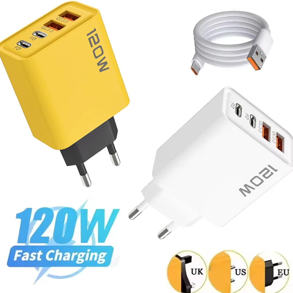 Caricatore Rapido USB C PD 120W con 4 Porte, Adattatore Quick Charge 3.0, Caricatore da Muro con Spina EU/US/UK per iPhone 16 15 14 Samsung Xiaomi
