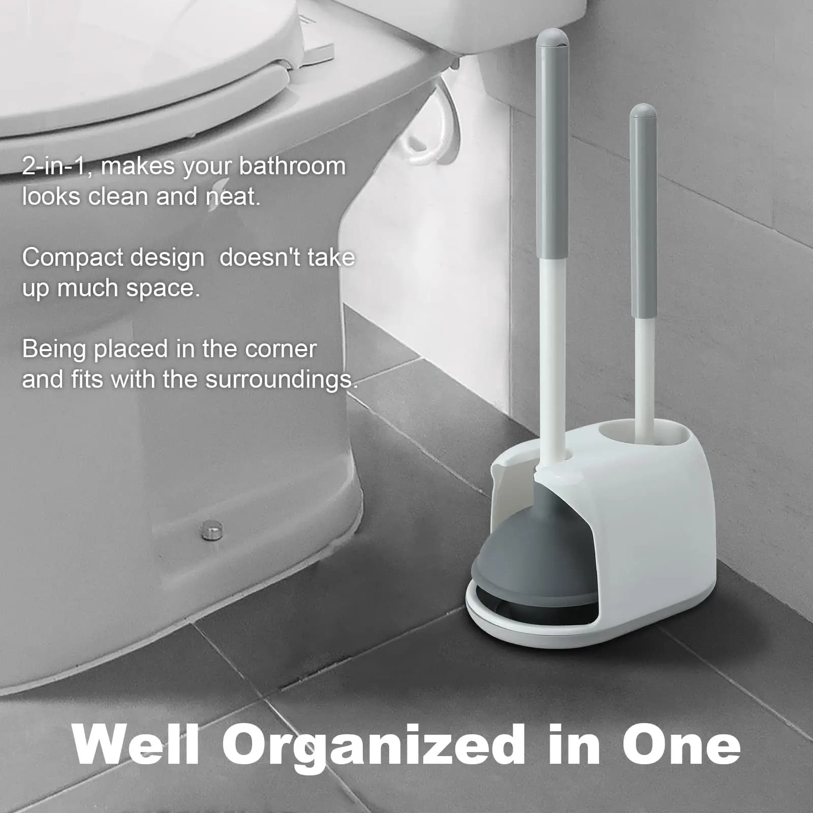 Set scopino e stantuffo per WC, stantuffi per WC 2 in 1 per bagno Scopino per WC resistente e supporto Stantuffo per WC nascosto