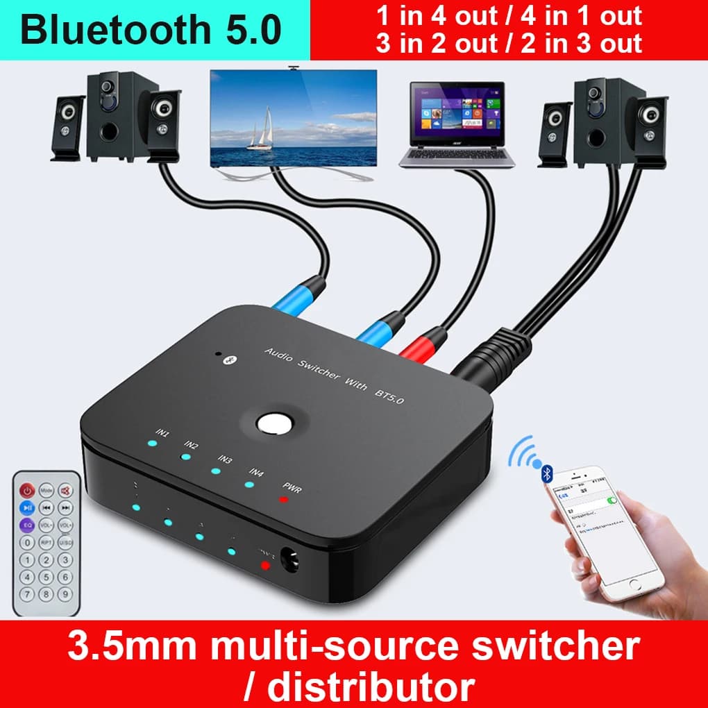 Switcher adattatore audio da 3,5 mm Tablet portatile Telecomando Ricevitore compatibile con Bluetooth Convertitore scatola di commutazione Forniture multimediali