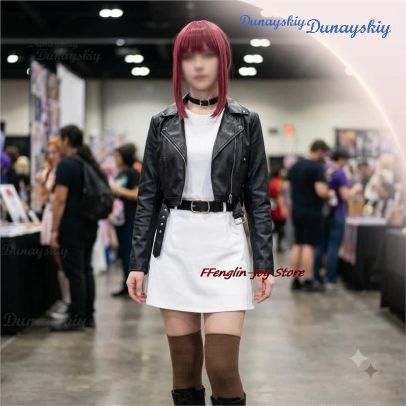 Cosplays Anime Smoking Behind The Supermarket Tayama Yamada – Black Punk Short Jacket + White Dress + Wigs + Earring Halloween