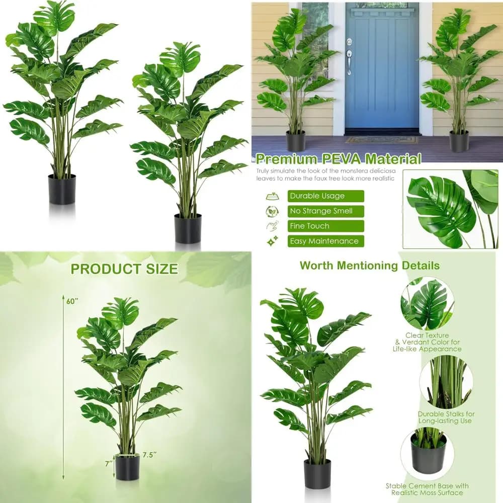 Artificial tree Monstera Deliciosa, 5 feet high pot fake plant with 15 lush leaves, perfect Swiss cheese plant for home decoration