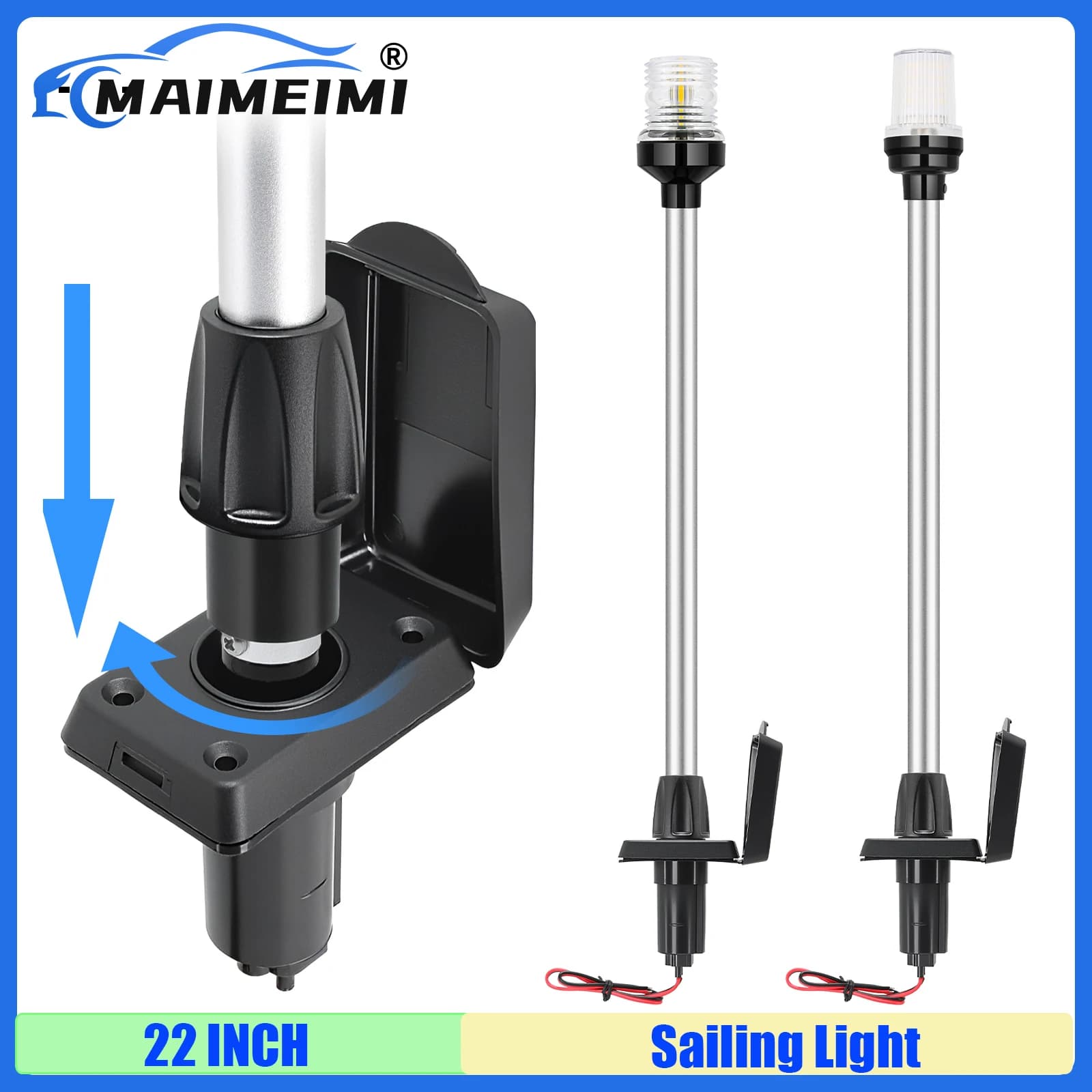 MAIMEIMI 22 pollici Luce da vela Barca Telescopica Luce di poppa Navigazione Tutto tondo LED bianco Ancoraggio Base plug-in rimovibile a 2 pin