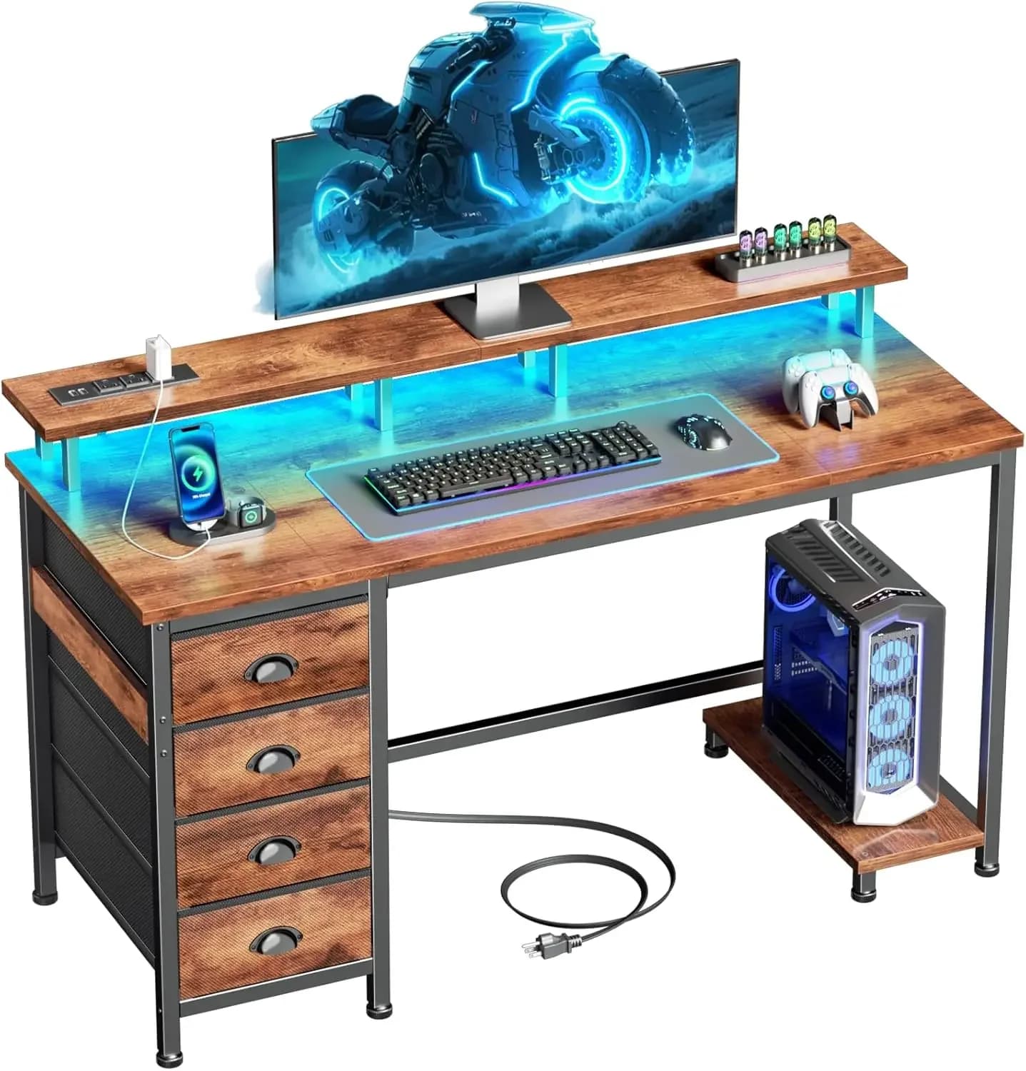 Scrivania per Computer da 47 Pollici con 4 Cassetti in Tessuto e Supporto Monitor, Scrivania da Gaming con Prese di Corrente - Luci LED, Salvaspazio per Ufficio Domestico