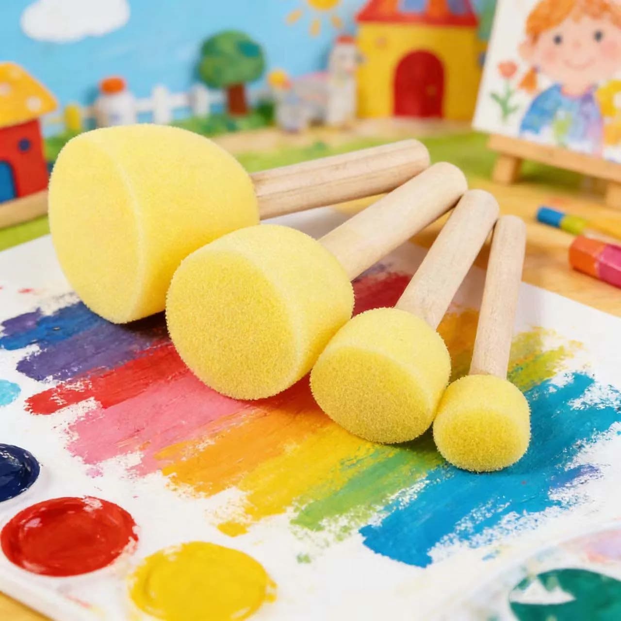 4 5PCS Foam Paint Brushes Wood Handle Sponge Tip For Oil Stain Polyurethane Craft Art Painting DIY Tool