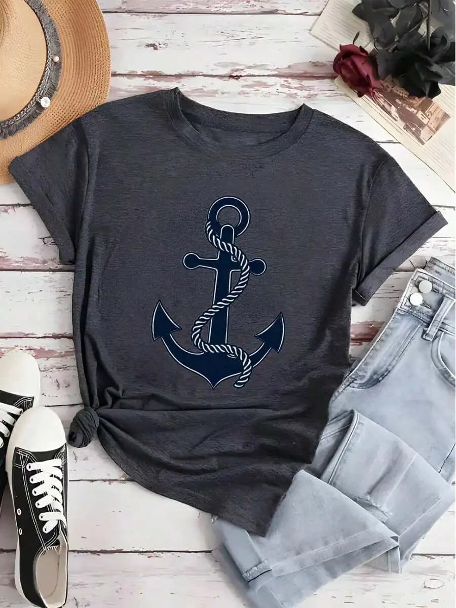 T-shirt da donna con grafica nautica e ancora, morbida e traspirante, casual, per la navigazione in spiaggia