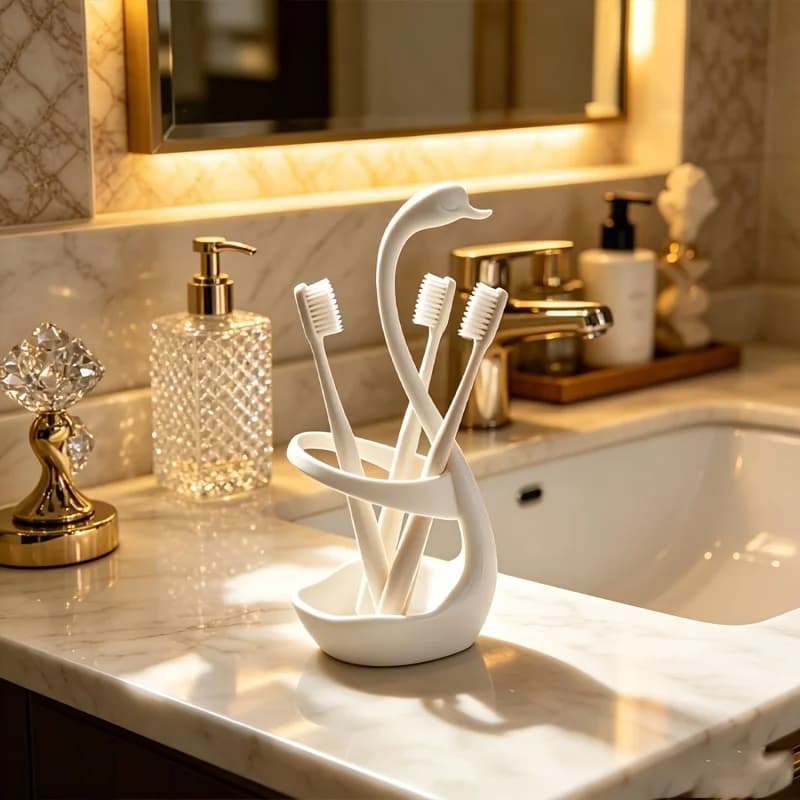 1pc Creative Swan Shaped Toothbrush Holder Multifunctional Rinse Cup Organizer Home Bathroom Countertop Toothbrush Rack