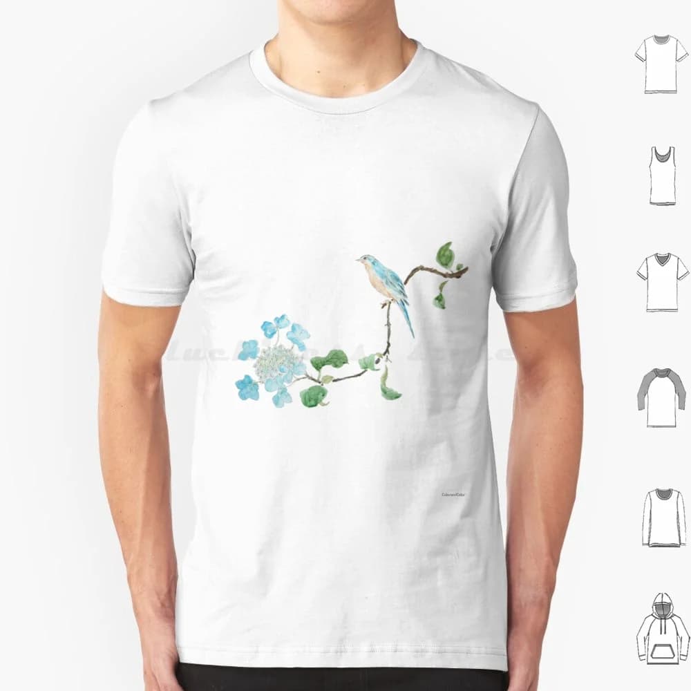 Hand Painted Blue And Blue Birds Watercolor T Shirt 6xl Cotton Cool Tee Blue Flower Spring Flowers Summer Flowers Watercolor