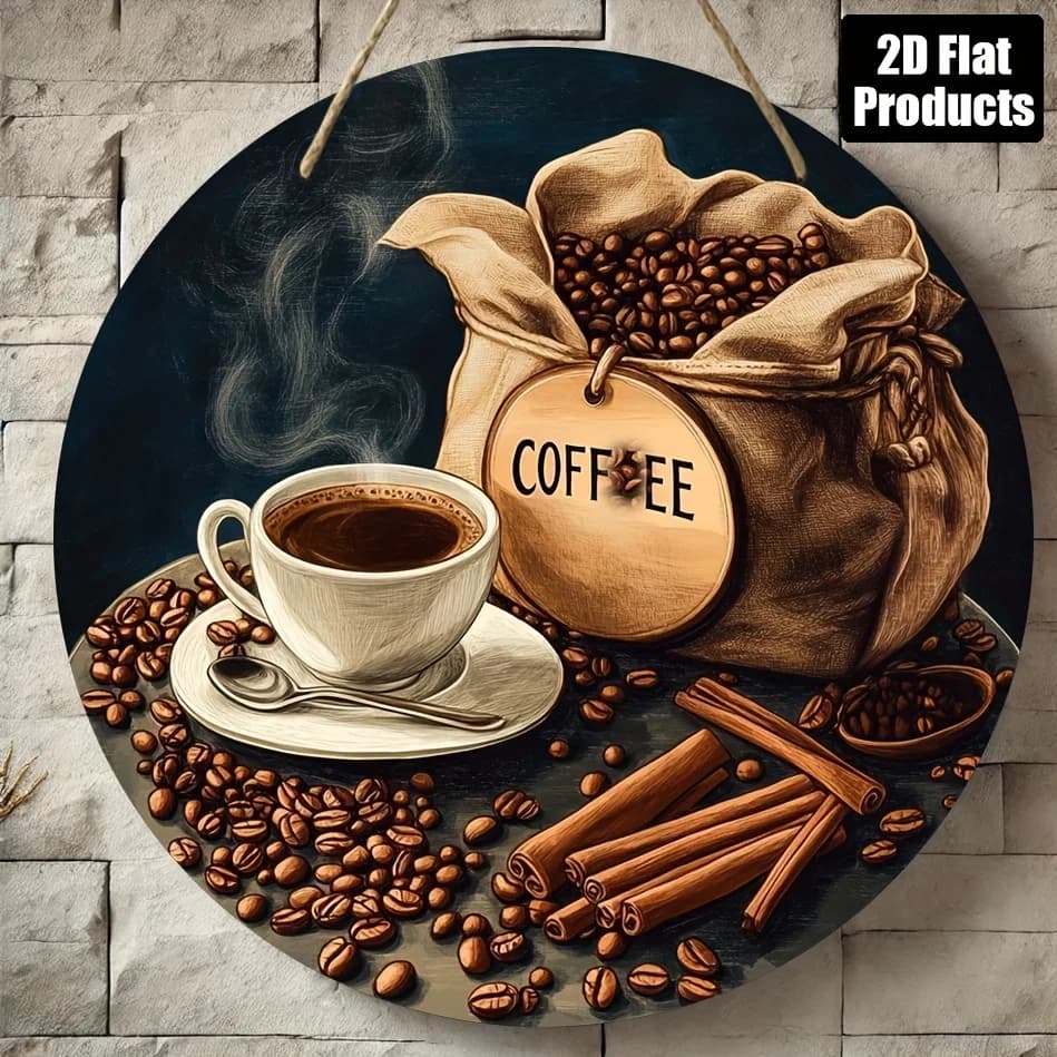 2D Flat, 1pc, Round Wooden Board Decorative Sign Plaque, Coffee Bean and Coffee Theme, Suitable for Bar, Kitchen, Cafe, Home, Ro