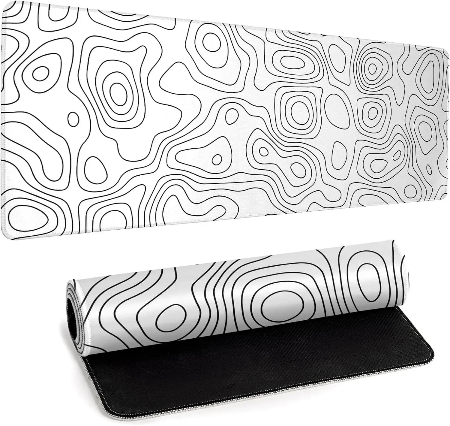Tappetino per Mouse in Gomma Bianca con Topografia, Grande Tappetino da Gaming con Contorno, Tappetino per Laptop e Tastiera con Bordo Cucito Antiscivolo